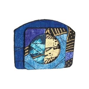 Suzanne Bellows Hand Painted Silk Brooch Blue Gold Fabric Collectable 1 1/4" Vtg